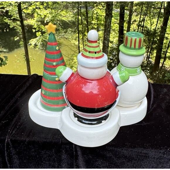 Vintage Christmas Tree, Snowman & Santa Salt & Pepper Toothpick set on tray -C8 - Picture 5 of 12